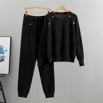 Sylvara | Women’s Pearl-Accented Knit Two-Piece Lounge Set