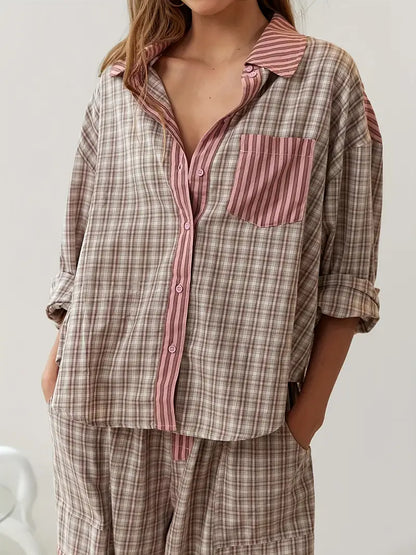 Brennar | Unisex Striped Plaid Patchwork Pajama Set