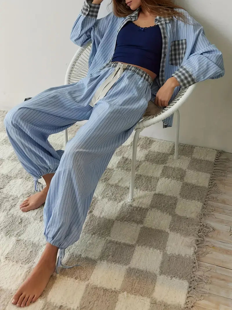 Brennar | Unisex Striped Plaid Patchwork Pajama Set