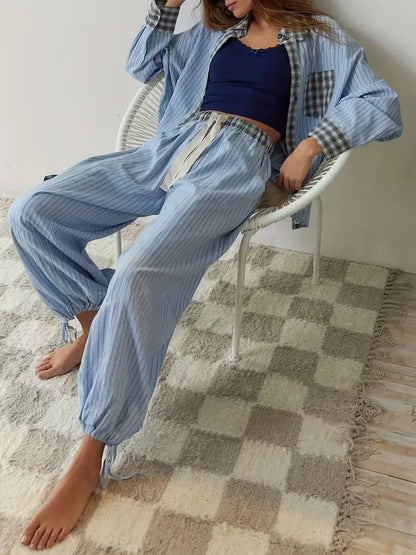 Brennar | Unisex Striped Plaid Patchwork Pajama Set