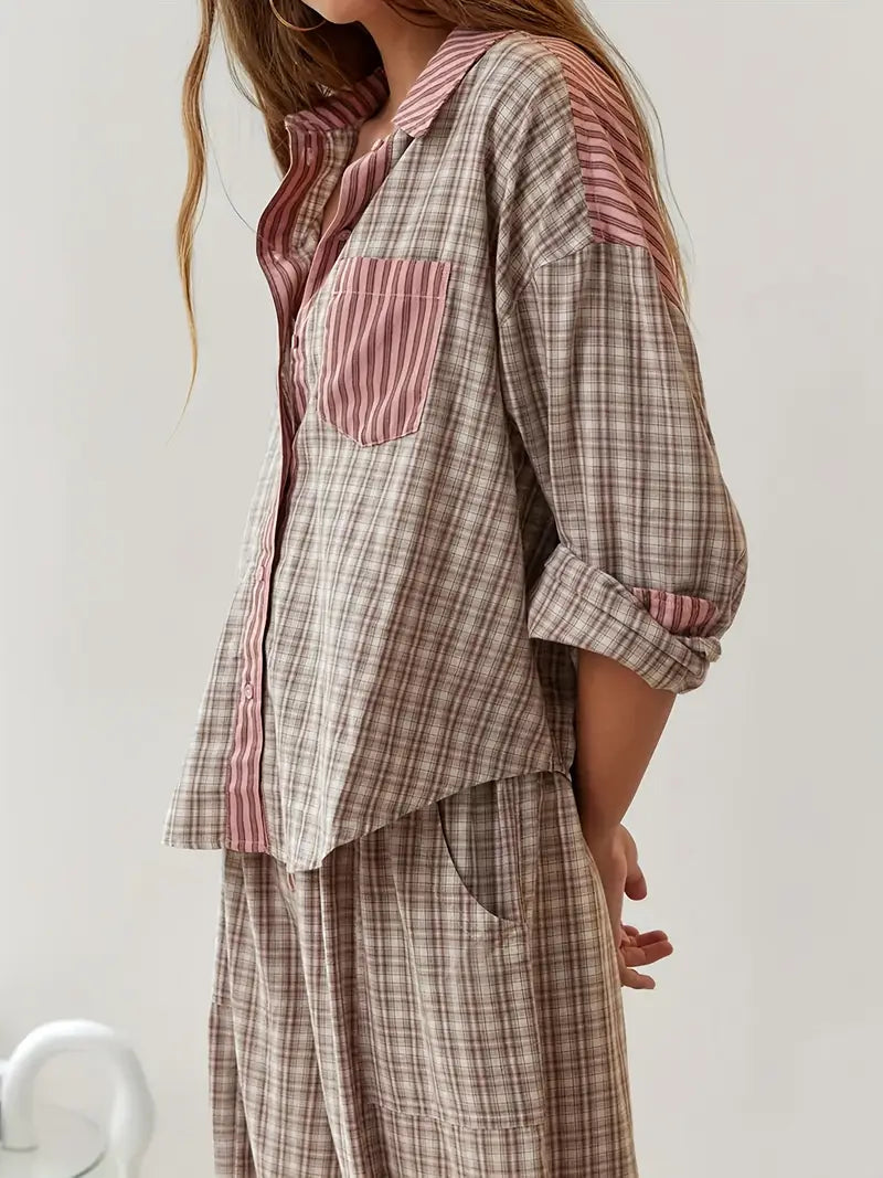 Brennar | Unisex Striped Plaid Patchwork Pajama Set
