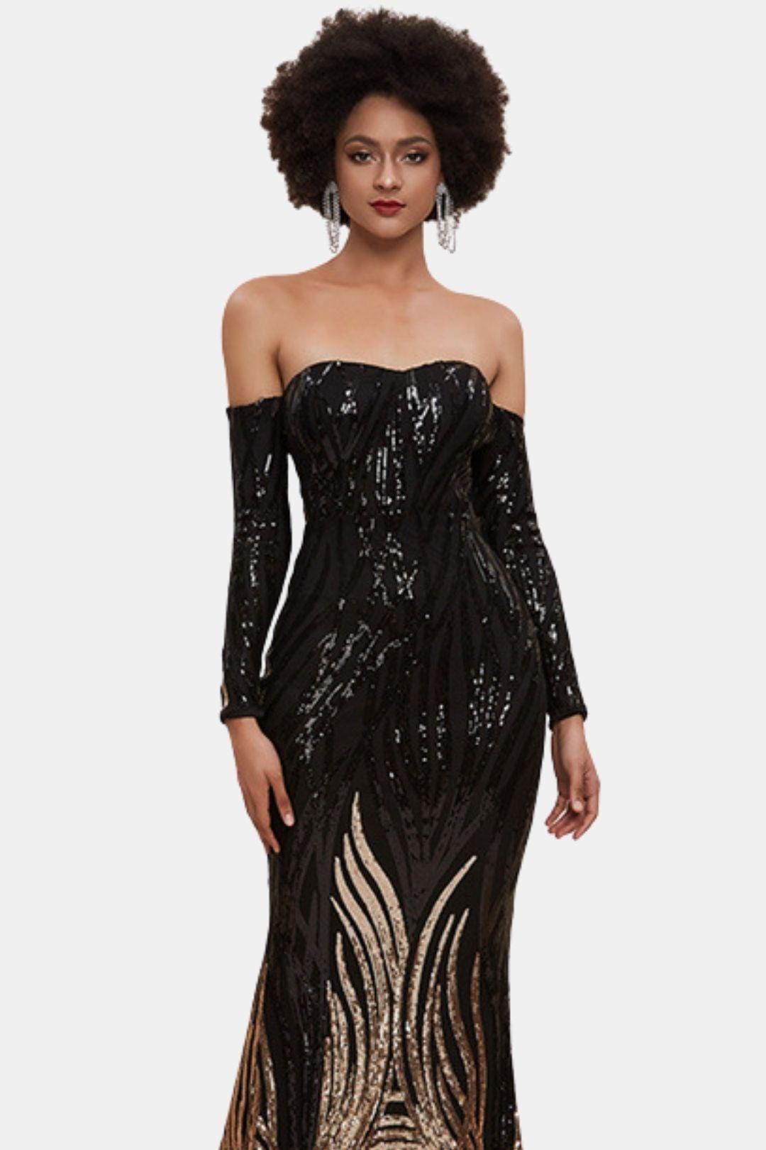 Corvina | Off-Shoulder Black & Gold Sequin Mermaid Evening Dress