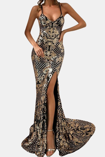 Seraphina | Baroque Sequin Backless Maxi Dress