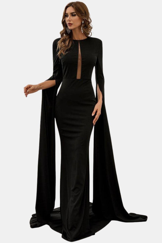 Velissia | Cape Sleeve Cutout Black Mermaid Evening Dress
