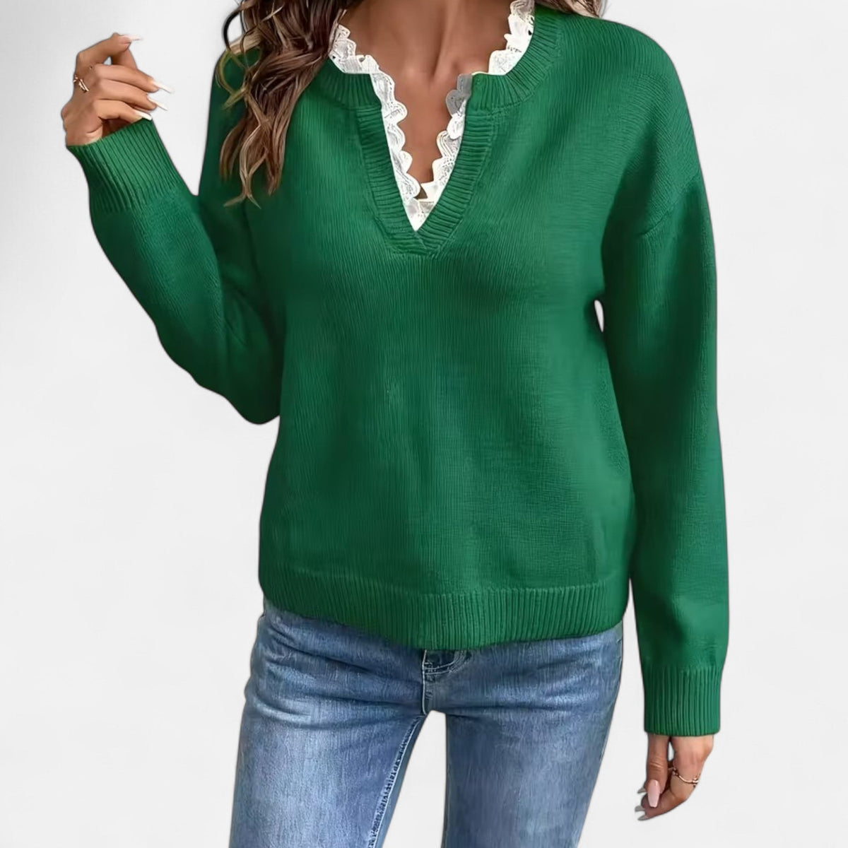 Quenara | Women’s Lace-Trim V-Neck Knit Sweater