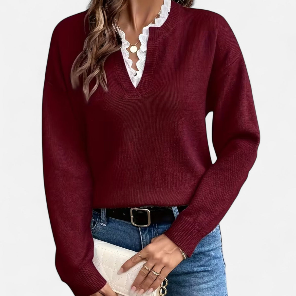 Quenara | Women’s Lace-Trim V-Neck Knit Sweater