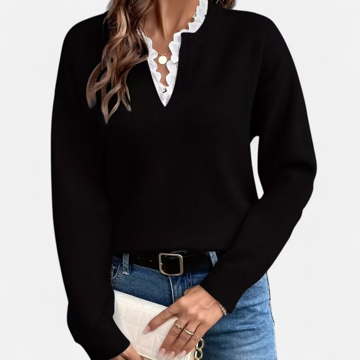 Quenara | Women’s Lace-Trim V-Neck Knit Sweater